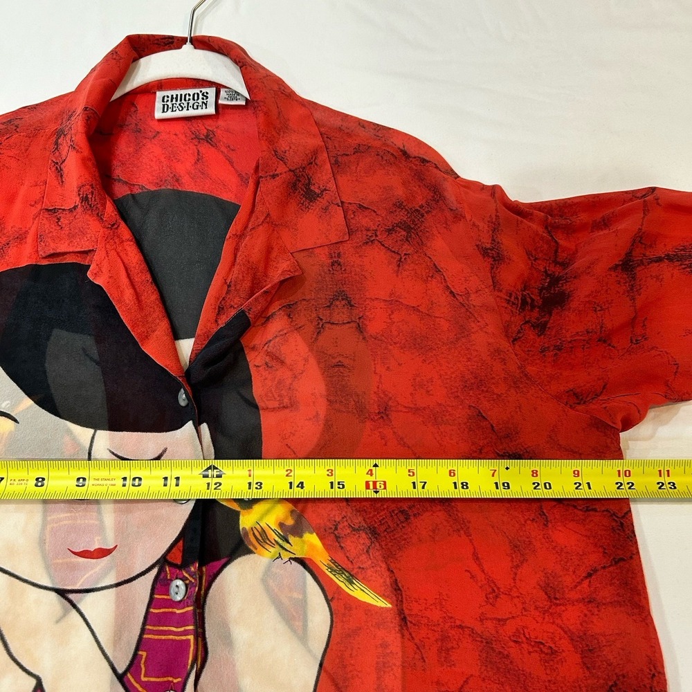 Vintage CHICOS 2 Large 100% Sheer Silk Red Blouse Asian Lady & Bird ART TO WEAR - Picture 6 of 10